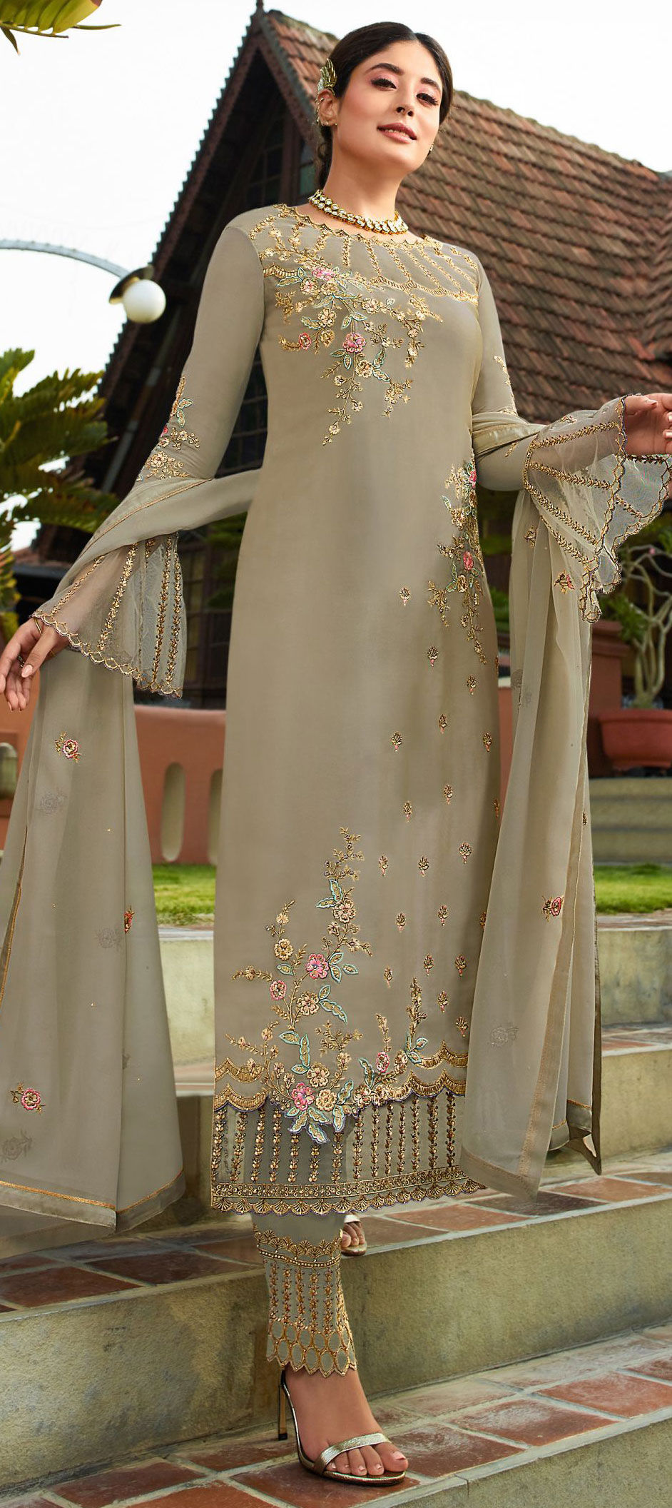 Festive, Party Wear Beige and Brown color fabric Salwar