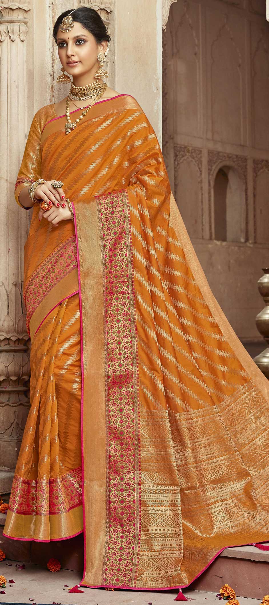 Traditional Orange Color Banarasi Silk Silk Fabric Saree 1627526 7743