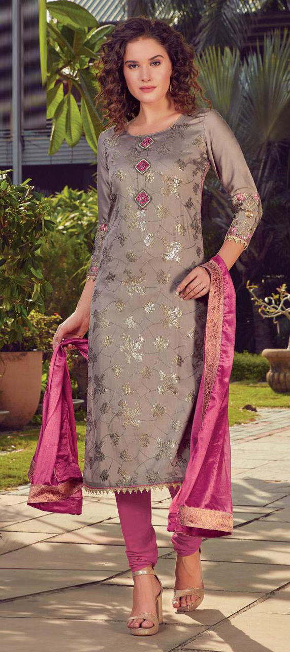 Casual Party Wear Black And Grey Color Satin Silk Fabric Salwar Kameez 1627548 3228