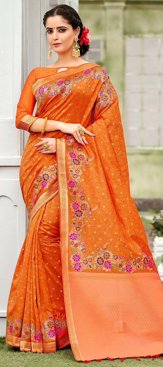 Traditional Orange Color Banarasi Silk Silk Fabric Saree 1667119 9664