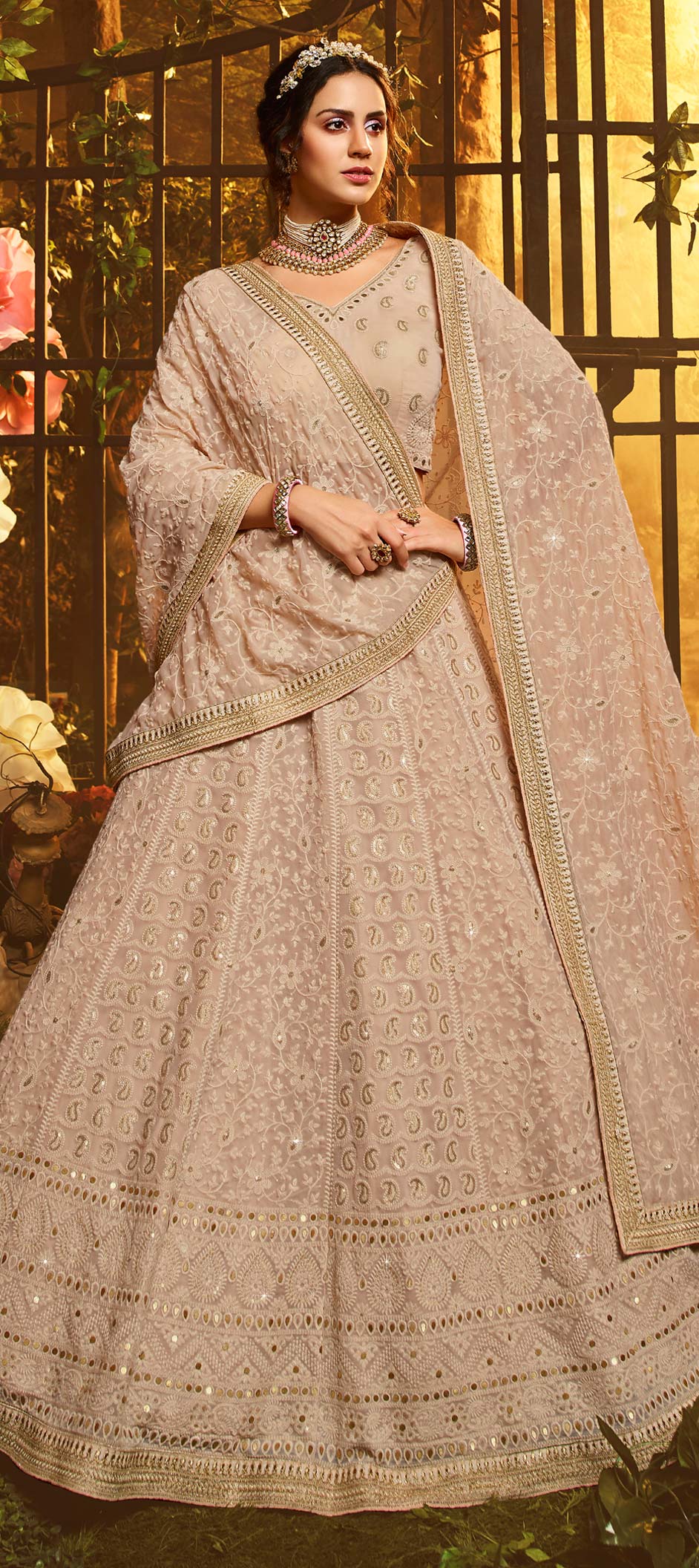 Bridal, Wedding Beige And Brown Color Georgette Fabric Lehenga : 1667450