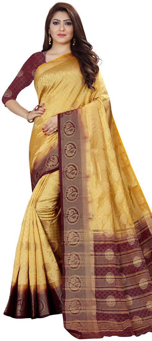 Traditional Beige And Brown Color Kanjeevaram Silk Silk Fabric Saree 1679996 2016