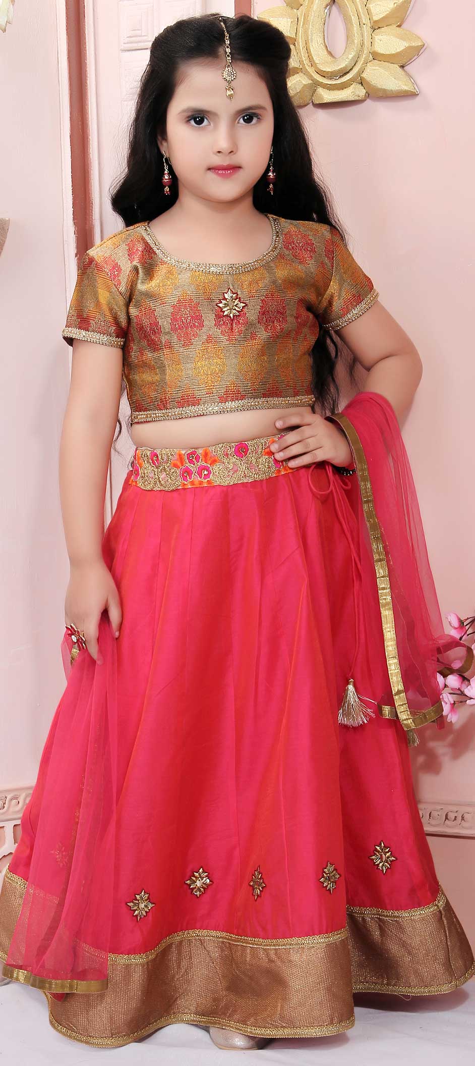 Pink and Majenta color Chanderi Silk, Jacquard fabric Kids Lehenga ...