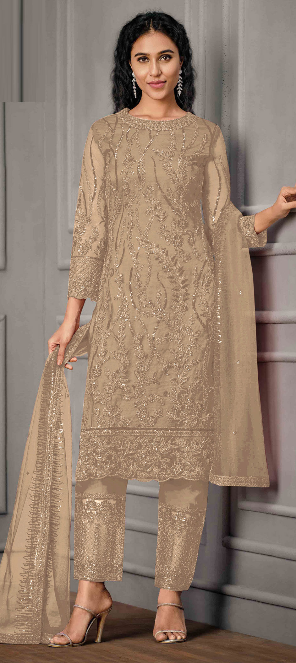 Party Wear Beige and Brown color Net fabric Salwar Kameez 1821201