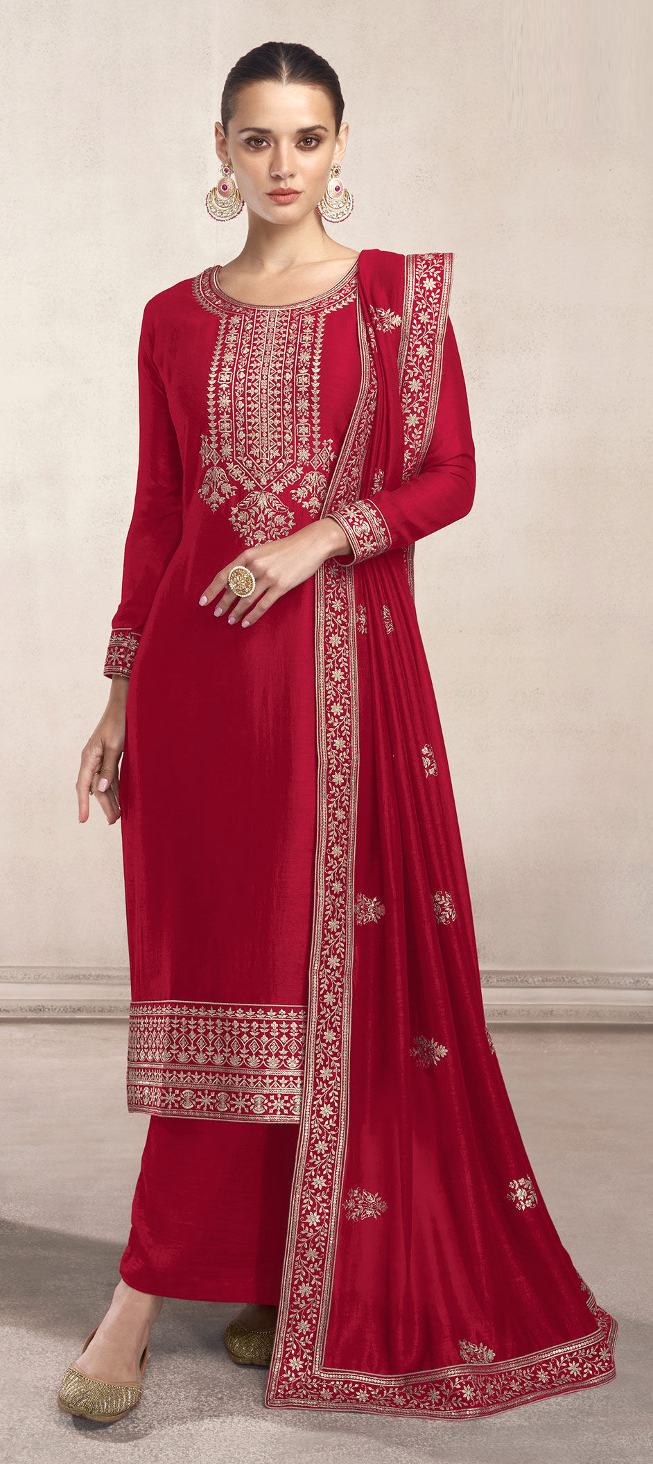 Party Wear Reception Red And Maroon Color Dolla Silk Fabric Salwar Kameez