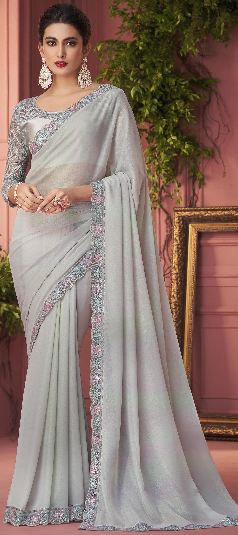 Bridal Party Vintage Grey Premium Net Designer Saree main image 0
