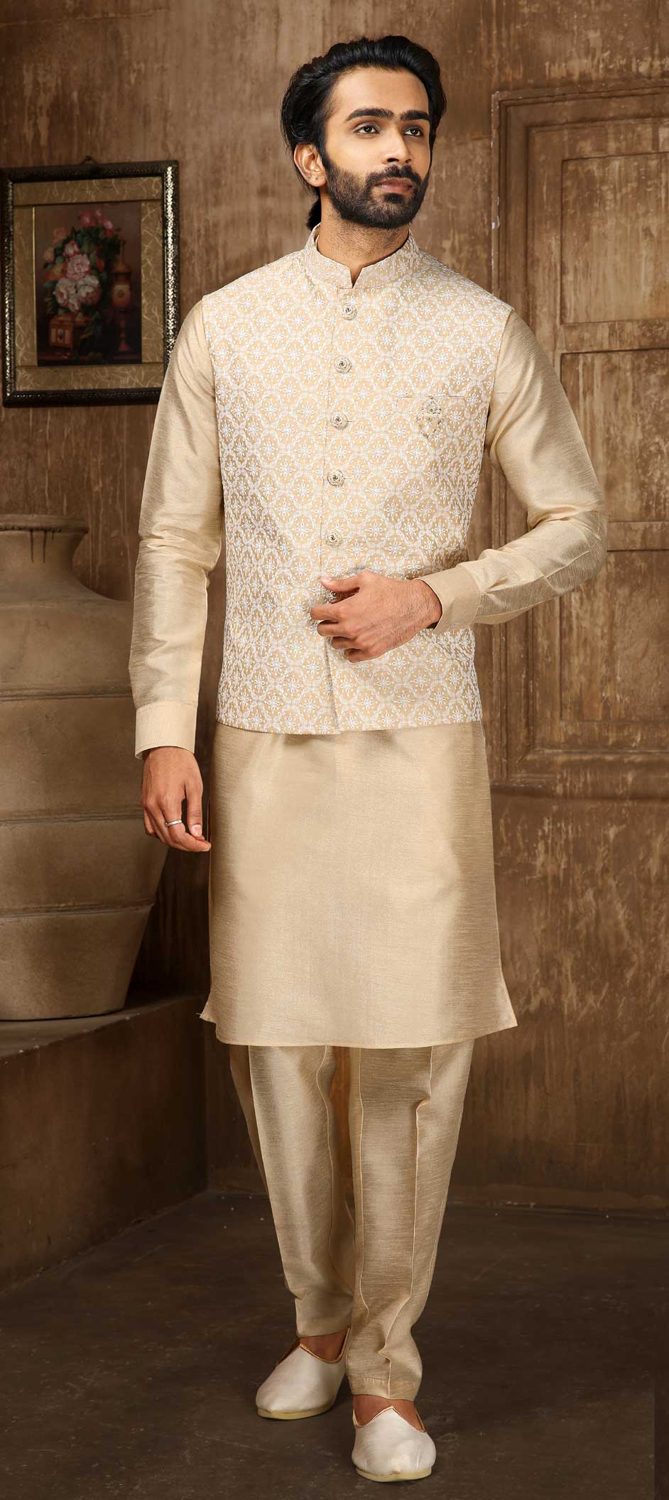 Banarasi Silk Short Kurta in Gold