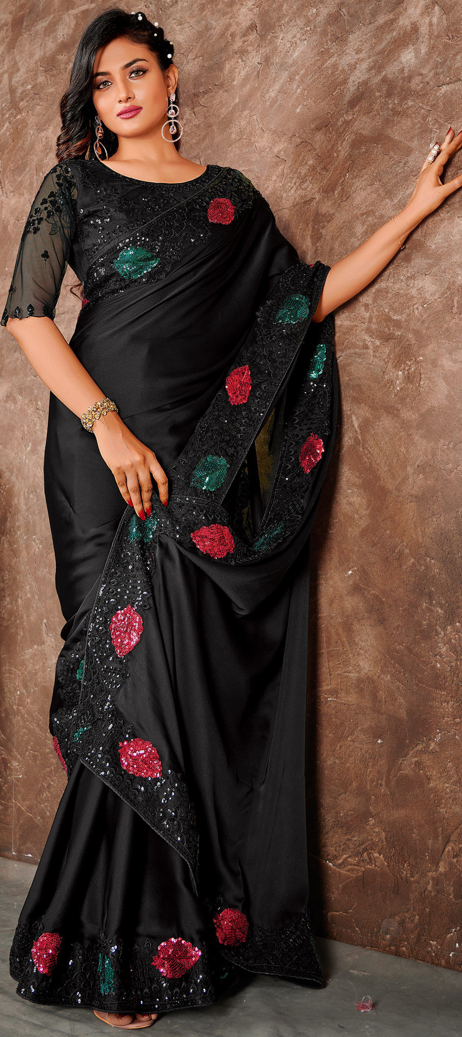 Designer Party Wear Black And Grey Color Satin Silk Fabric Saree 1833523 6664