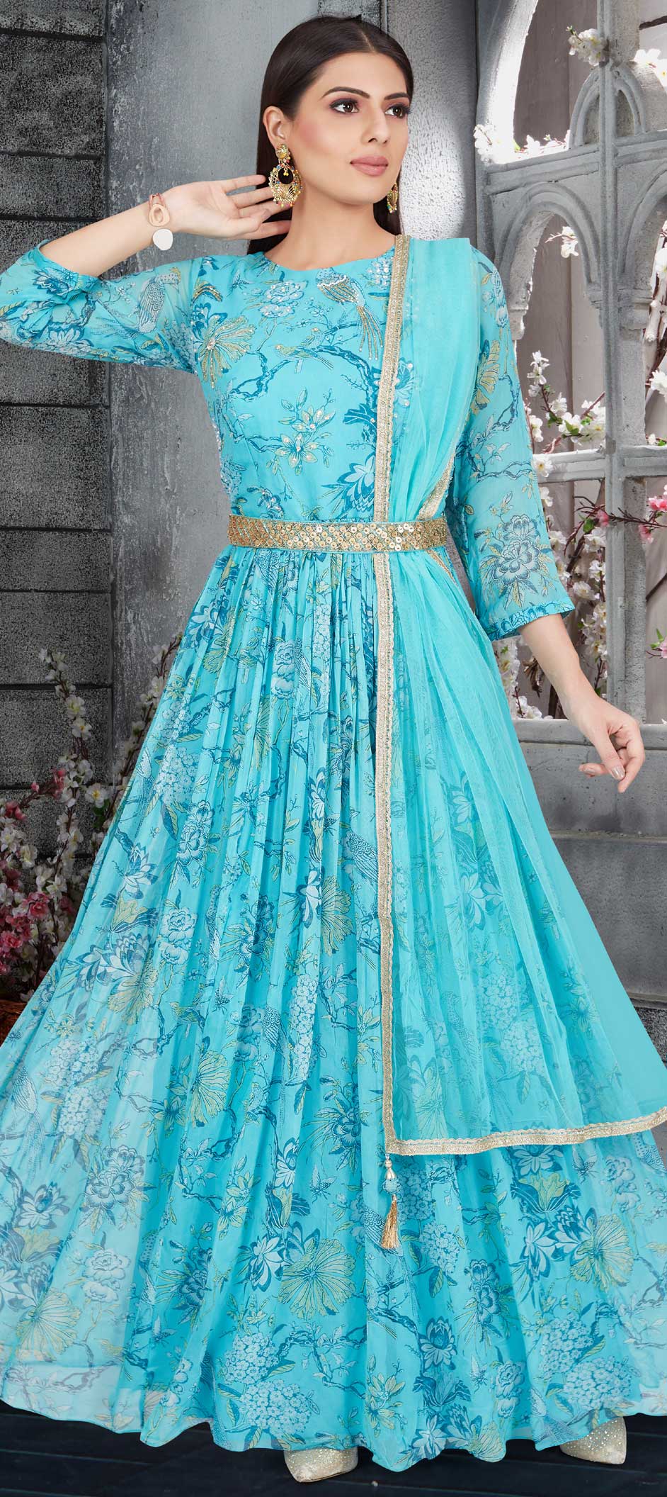 Engagement, Festive, Reception Blue color fabric Gown 1839164