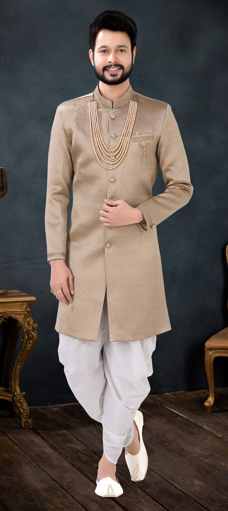gold indo western dress Gold color Jacquard fabric IndoWestern Dress : 1842513