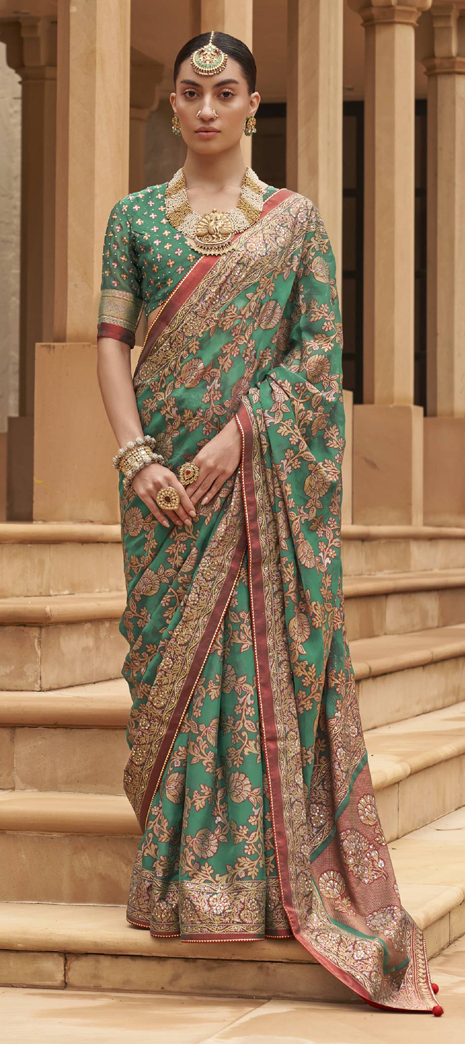 Designer, Festive, Reception Green color Brasso fabric Saree 1851993