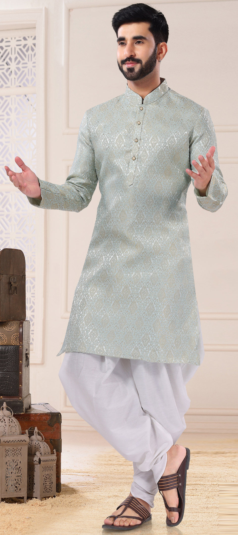 Blue Kurta Jacquard Pant