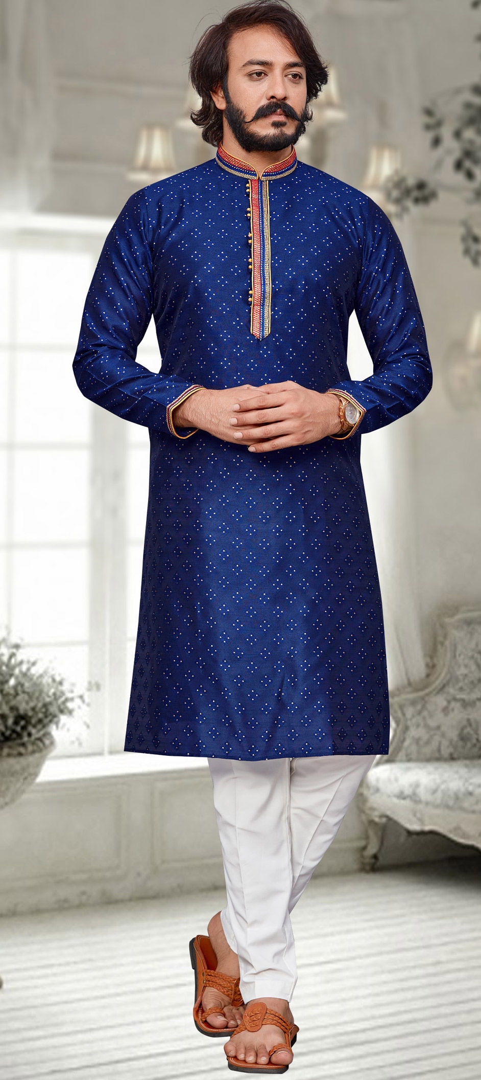 Blue Color Jacquard Fabric Kurta Pyjamas 1861258