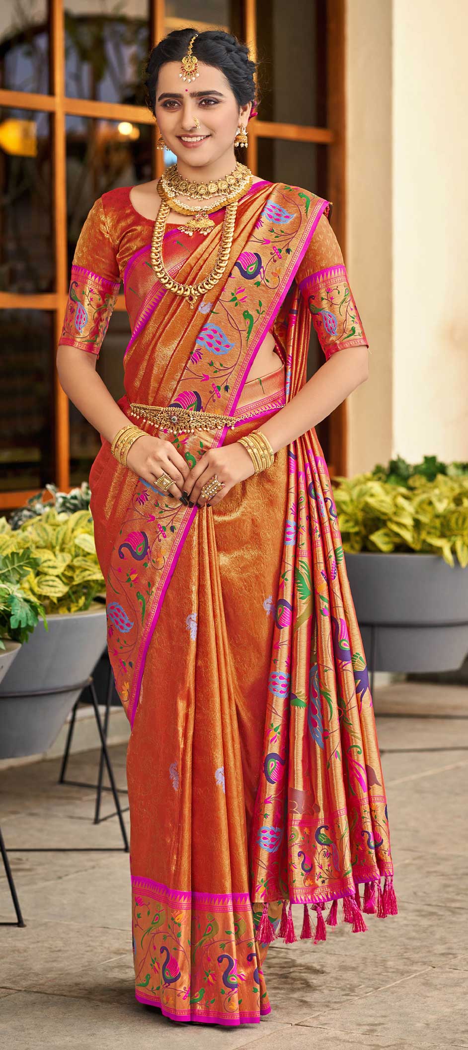 Wedding Wear Special Foil Printed Orange Color Saree main image 0