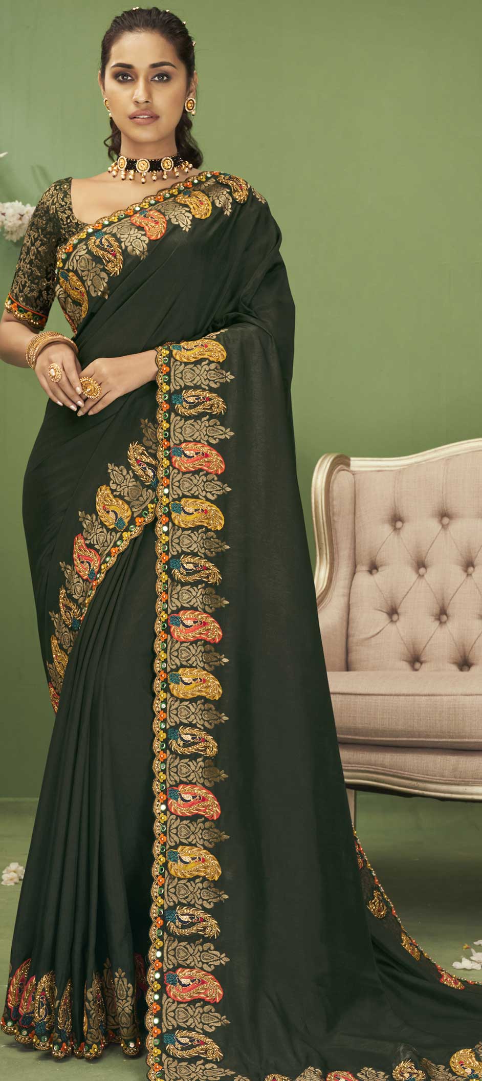 Traditional, Wedding Green color Silk fabric Saree 1863812