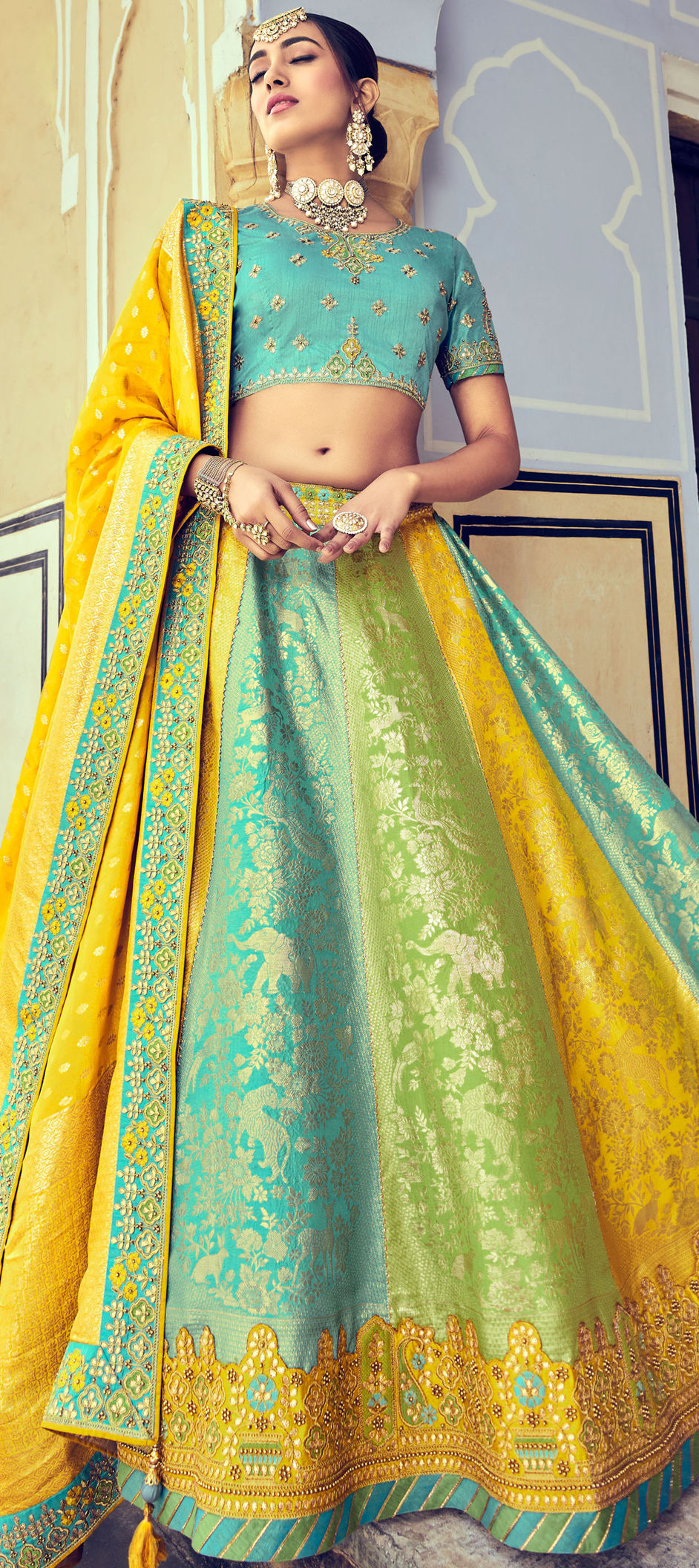 Bridal Wedding Multicolor Color Banarasi Silk Fabric Lehenga 1865517 7803