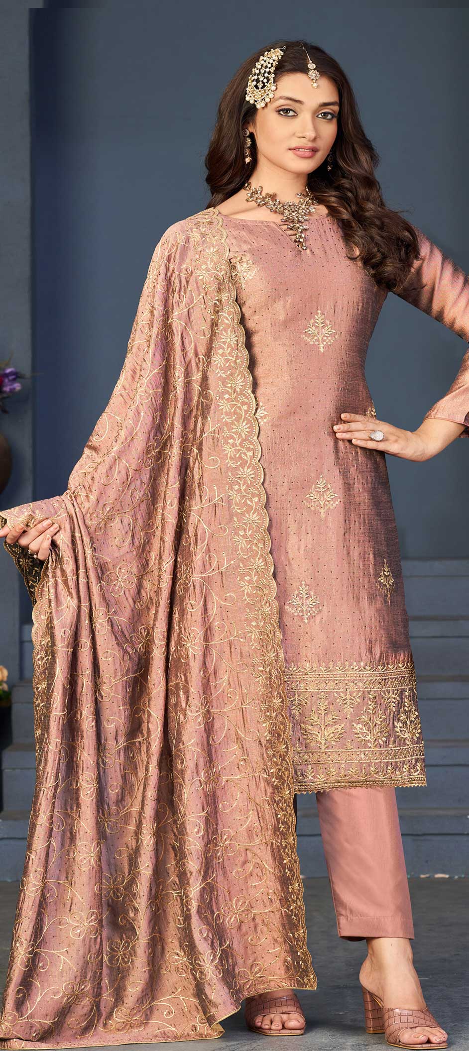 Festive, Party Wear Beige and Brown color Art Silk fabric Salwar Kameez