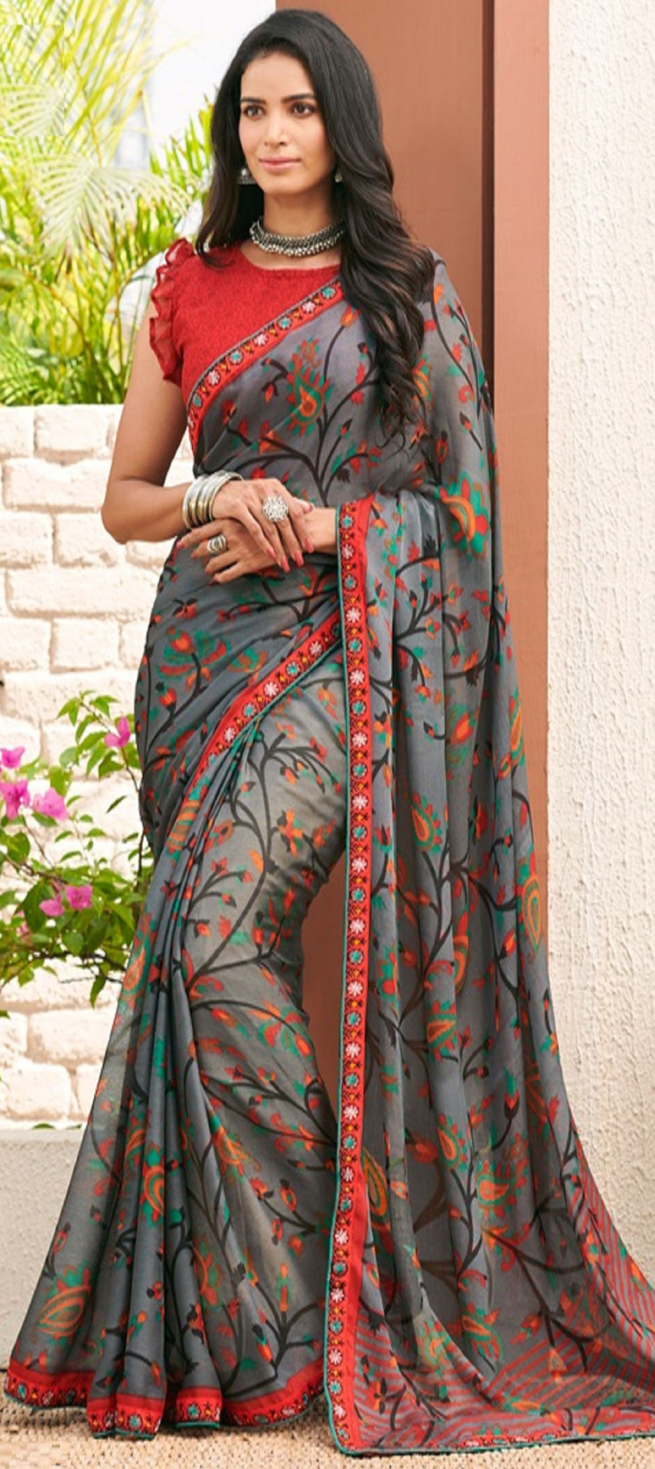 Casual Black and Grey color Chiffon fabric Saree : 1884477