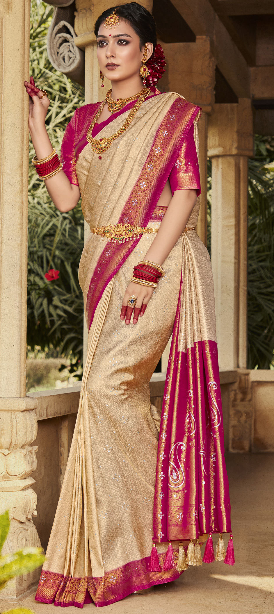 Mehendi Sangeet Party Wear Traditional Beige And Brown Color Kanjeevaram Silk Silk Fabric 1259