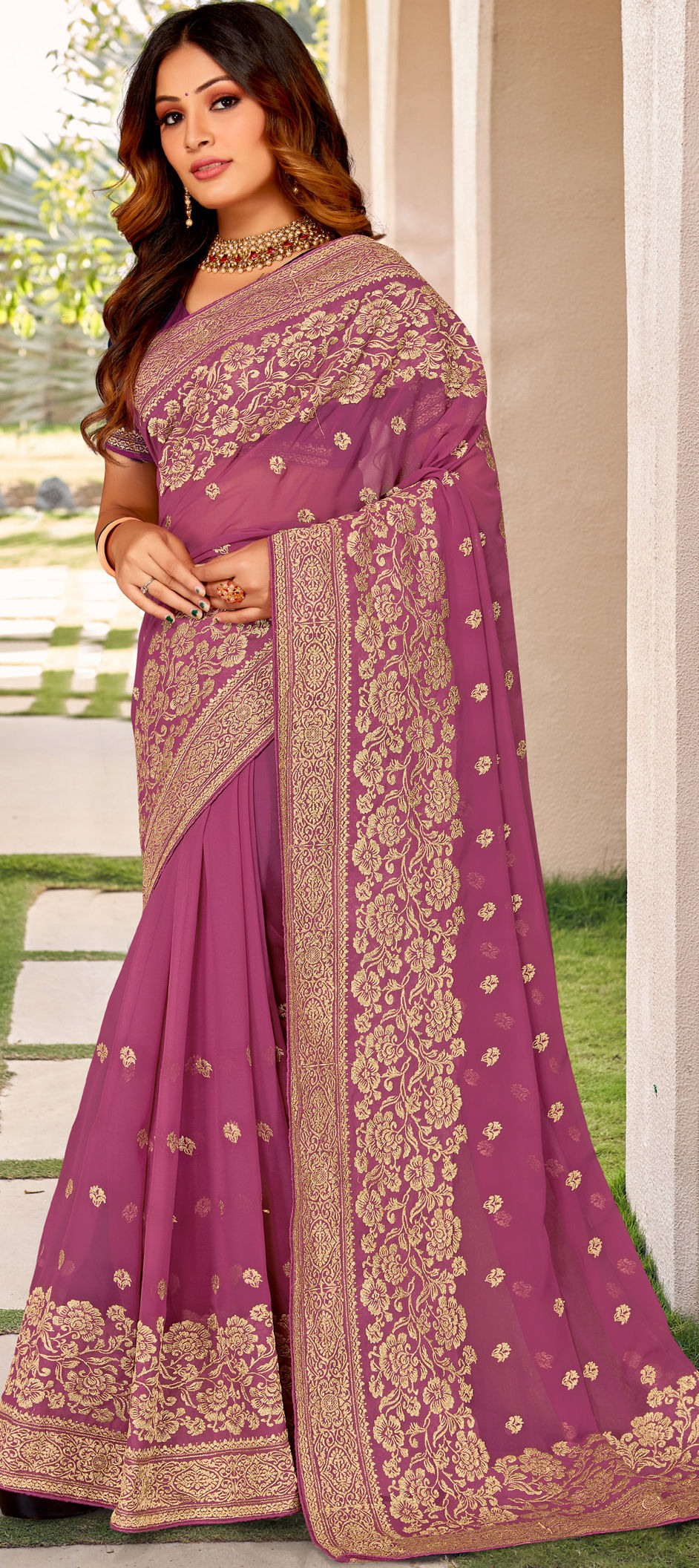 Sari Traditionnel Indien En Georgette – Brodé Perles Et Zari, 5,5 Mètres – Avec Tissu Pour Blouse Non Cousue – Mariage, Cérémonie