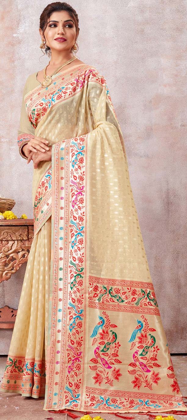 Beige Timber Tribe Printed Pre-Draped Saree Set