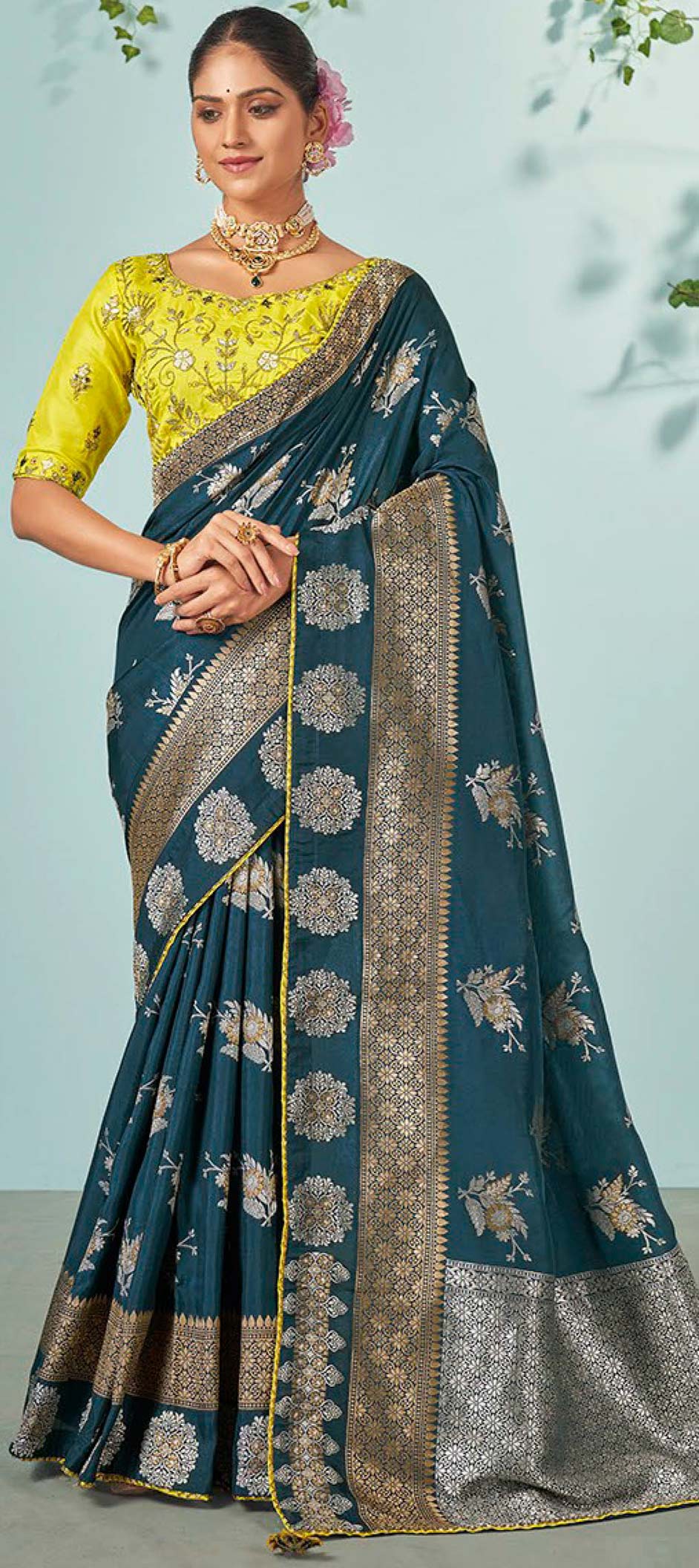 Women blue silk weaving wedding wear saree main image 0