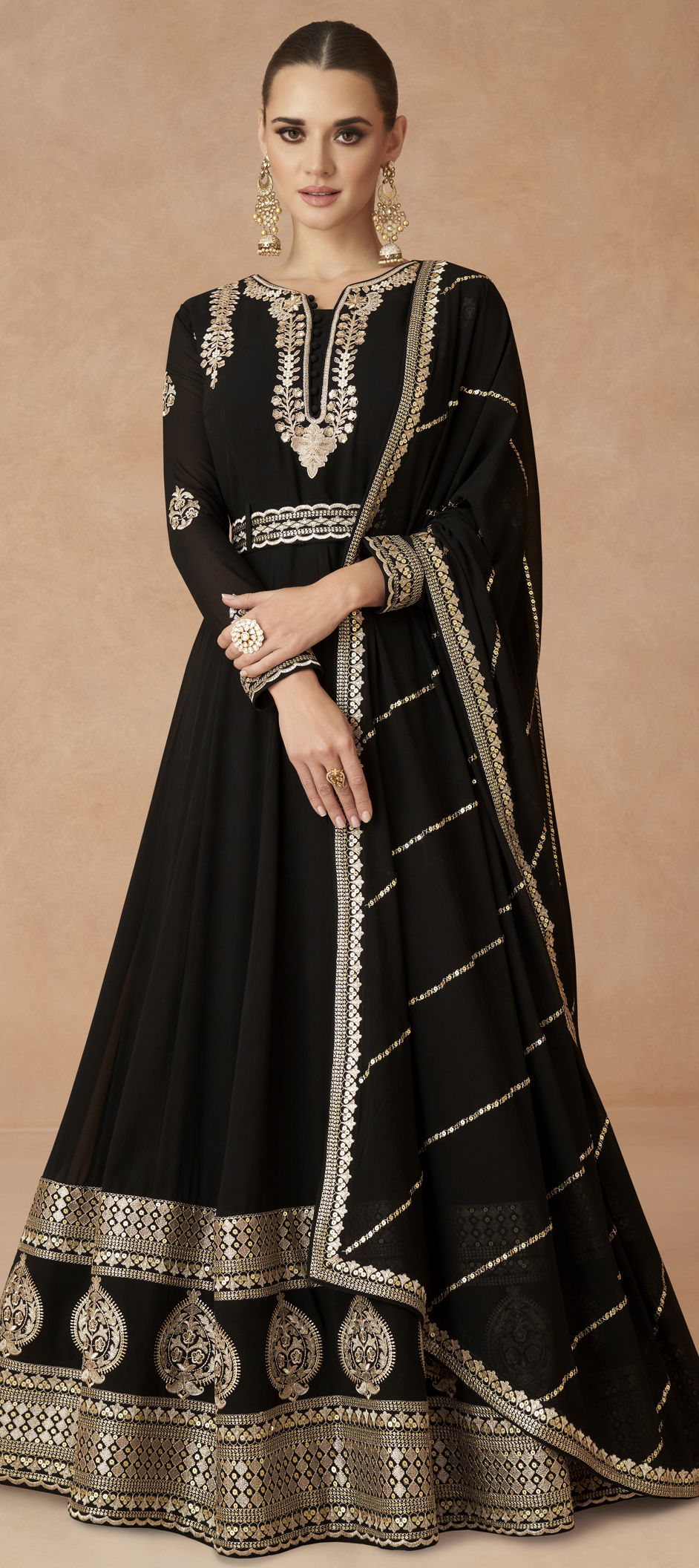 Festive, Party Wear, Reception, Wedding Black and Grey color Georgette ...