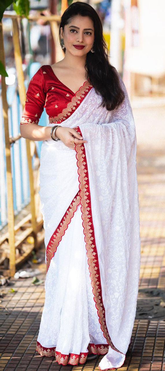 White Pearl Georgette Embroidered Festive Party Saree main image 1