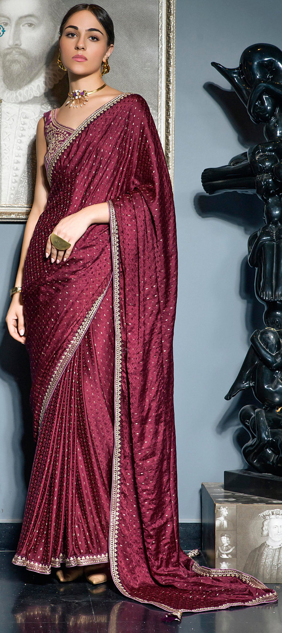 Viscose Chinnon Saree x Weaved Patterns - Red