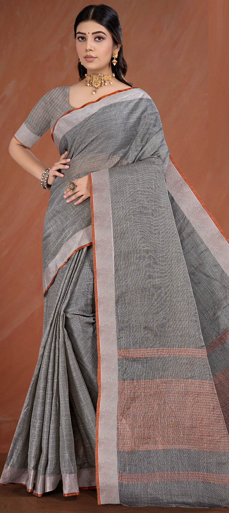 Cotton Blend Grey Traditional Saree main image 1