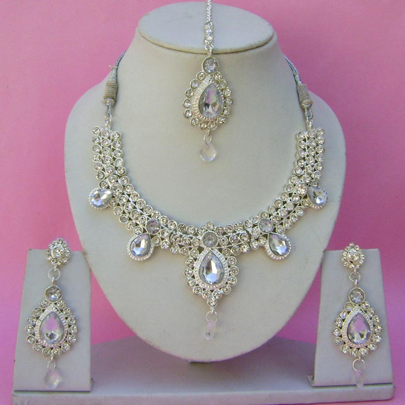 301548: Silver Rodium Polish Necklace set with Earring, Mang Tikka in ...