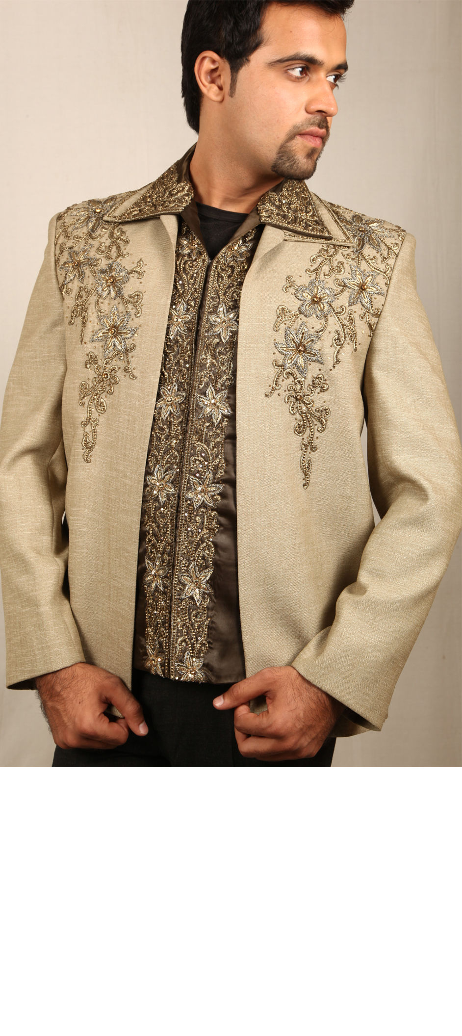 502700 Beige and Brown color Jute, Khadi fabric Jodhpuri Suit