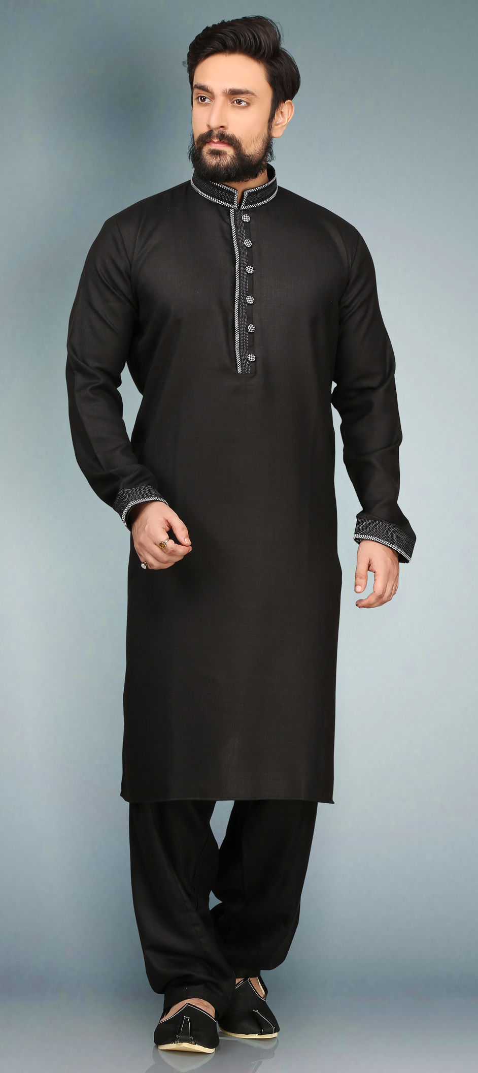 506832: Black and Grey color family stitched Kurta Pyjamas