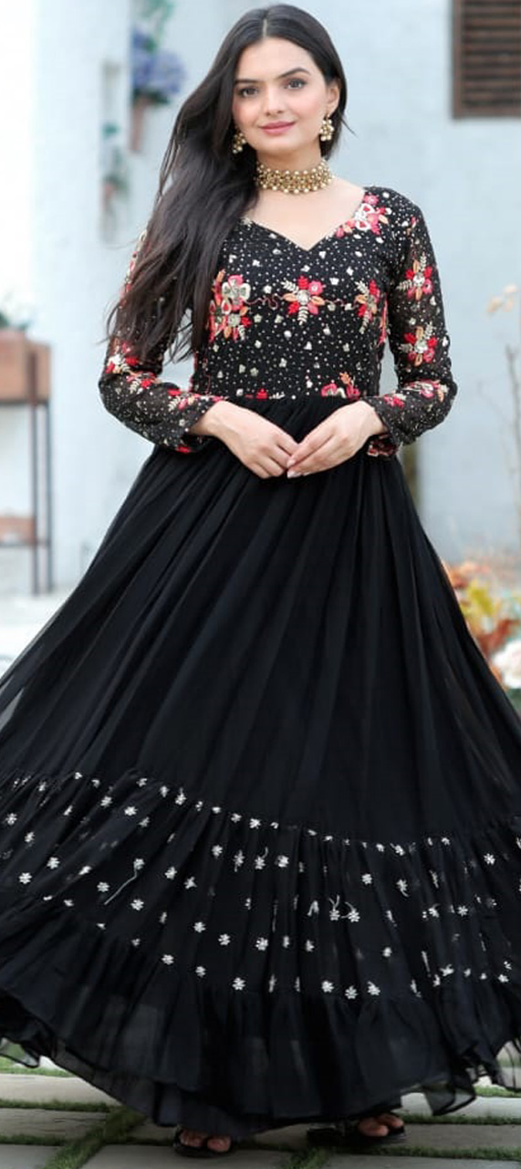 Embroidered Ladies Dark Grey Georgette Flared Gown, Party wear at Rs 1595  in Ahmedabad