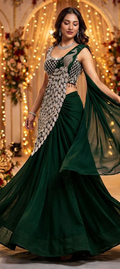 green emerald velvet dress Indian Pink Saree Dress | Sari Drape Dress main image 1