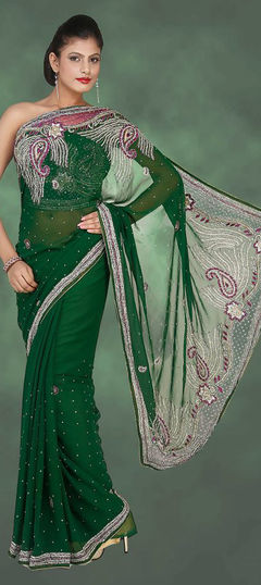 Green color Saree in Georgette fabric with Bugle Beads, Embroidered, Stone work