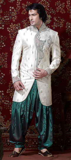 White and Off White color IndoWestern Dress in Brocade fabric with Bugle Beads, Cut Dana, Stone work