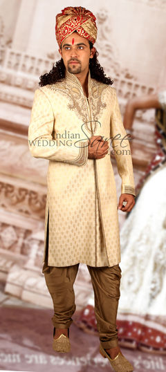 Gold color Sherwani in Jacquard, Silk fabric with Cut Dana, Moti, Zircon work : 12276