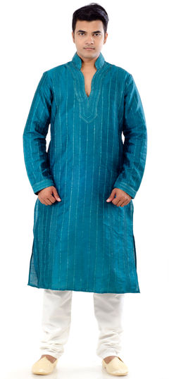 Blue color Kurta Pyjamas in Art Dupion Silk fabric with Thread work