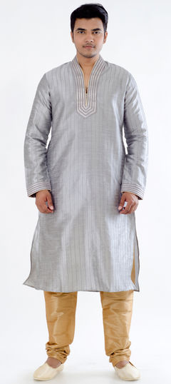 Gold and Silver color Kurta Pyjamas in Art Dupion Silk fabric with Embroidered, Resham, Thread work