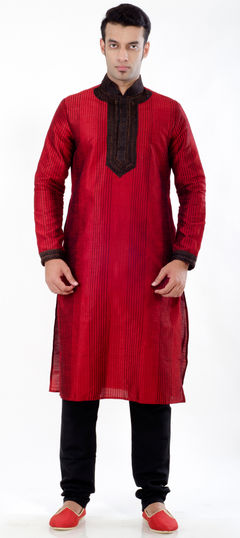 Red and Maroon color Kurta Pyjamas in Art Dupion Silk fabric with Embroidered, Resham, Thread work