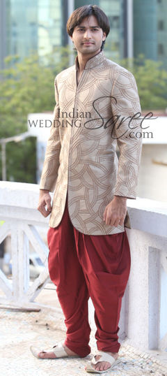 Beige and Brown color IndoWestern Dress in Silk fabric with Thread work