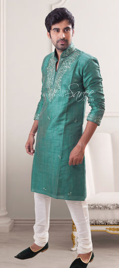 Blue color Kurta Pyjamas in Cotton, Linen fabric with Aari, Embroidered, Sequence, Stone work