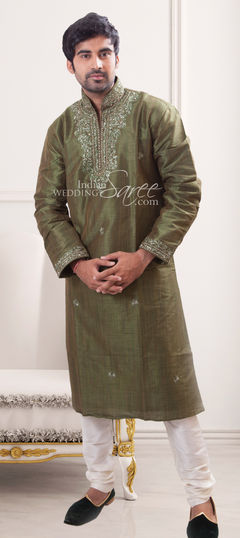 Green, White and Off White color Kurta Pyjamas in Cotton, Silk fabric with Aari, Embroidered, Sequence, Stone work