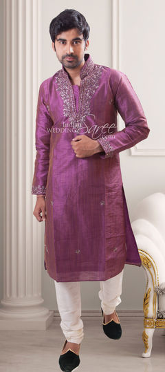 Purple and Violet, White and Off White color Kurta Pyjamas in Cotton, Linen fabric with Aari, Embroidered, Sequence, Stone work