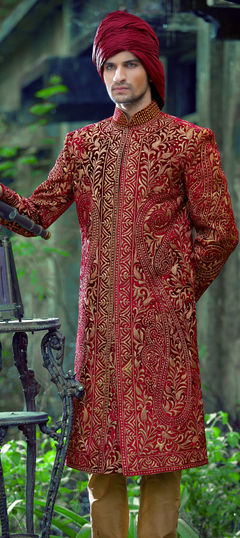 Red and Maroon color Sherwani in Brocade fabric with Kasab, Thread, Zari work : 12647