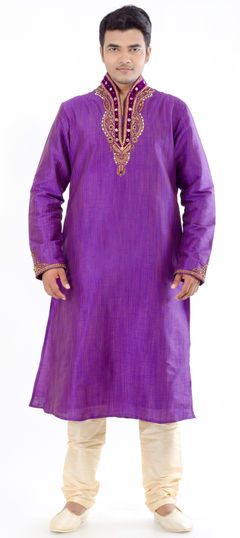 Purple and Violet color Kurta Pyjamas in Jacquard, Raw Dupion Silk fabric with Bugle Beads, Resham, Sequence, Stone work