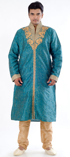 Blue color Kurta Pyjamas in Jacquard, Raw Dupion Silk fabric with Cut Dana, Patch, Stone, Thread work