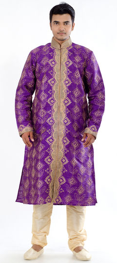 Purple and Violet color Kurta Pyjamas in Jacquard, Raw Dupion Silk fabric with Cut Dana, Patch, Stone, Thread work