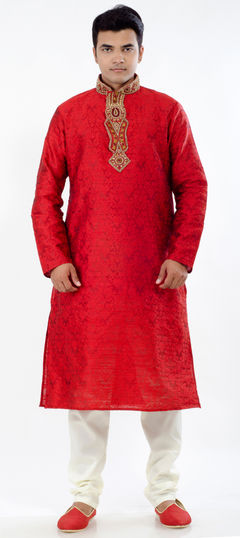 Red and Maroon color Kurta Pyjamas in Jacquard fabric with Embroidered, Patch work